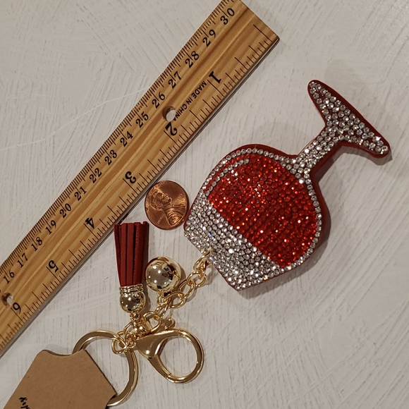 •Red Wine rhinestone glass keychain•goldtone hardware •ball•tassel - Picture 2 of 10